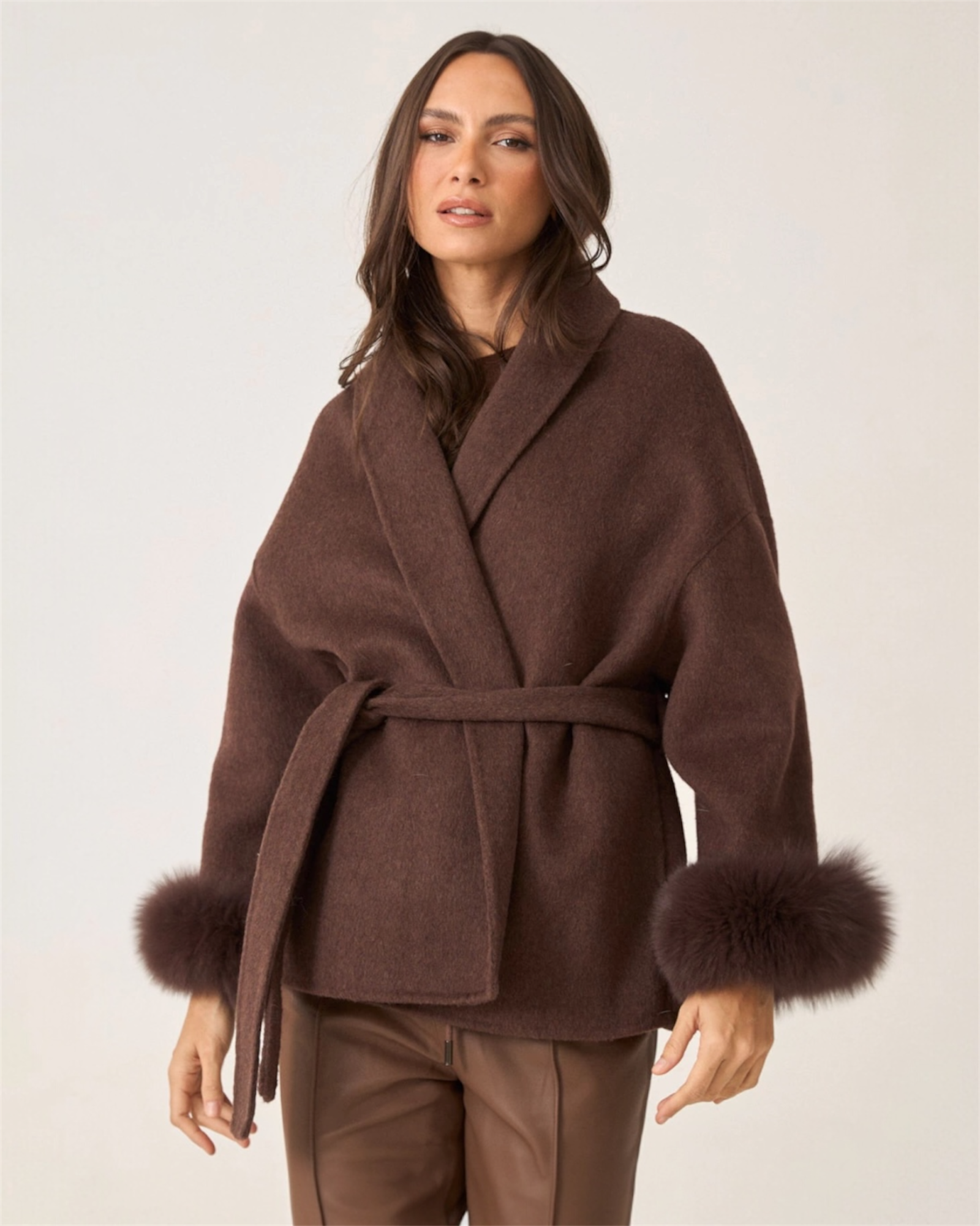 Kurzer Wollmantel mit Fellärmel - THE LUND ESPRESSO Espresso Brown