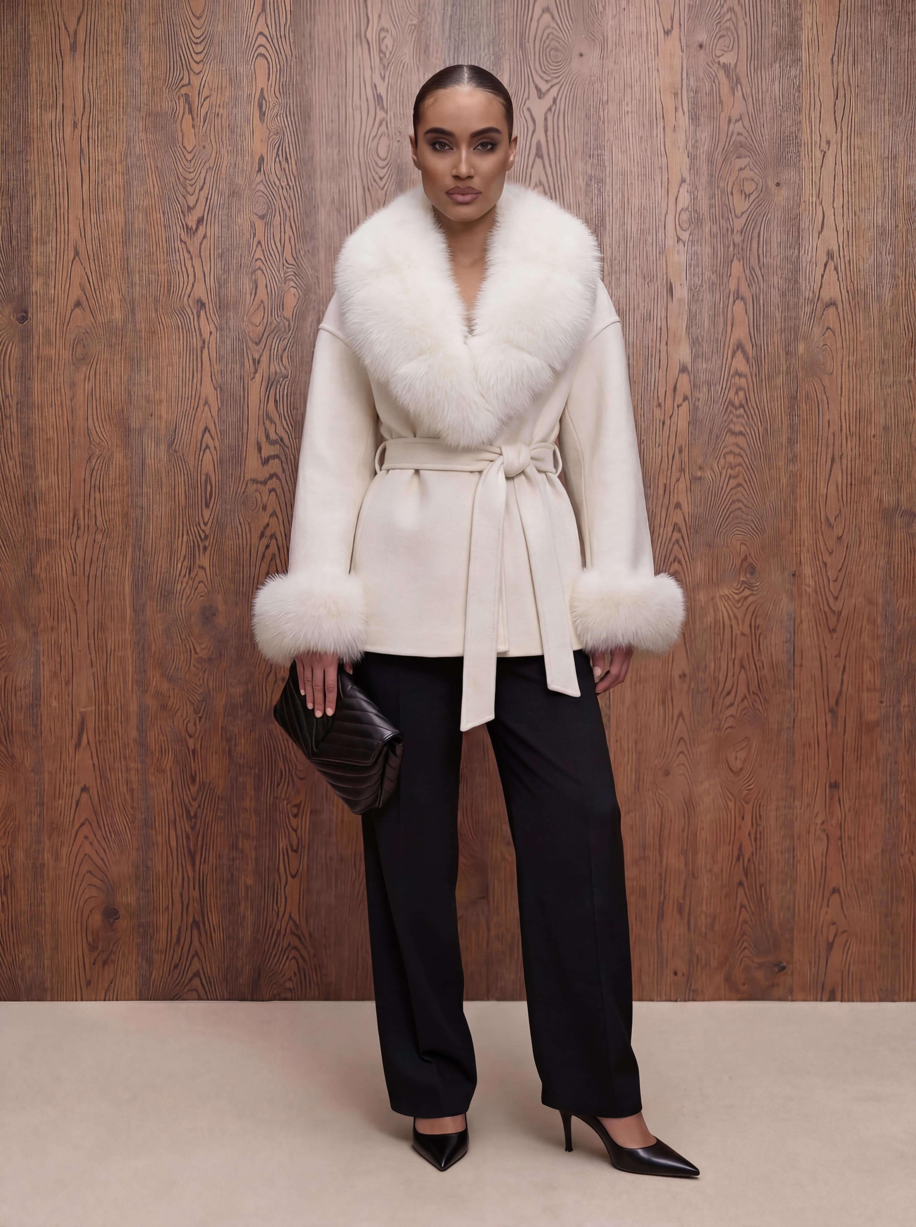 The ODESSA - Creme Kaschmirmantel mit Pelzkragen aus Vintage Pelz