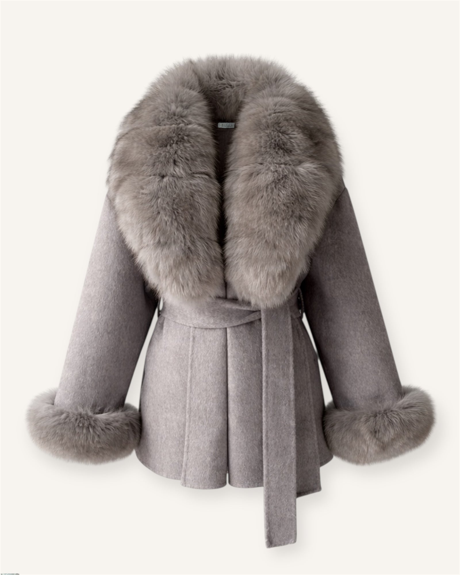 The ODESSA - Grau Kaschmirmantel mit Kragen aus verarbeiteten Vintage Pelz