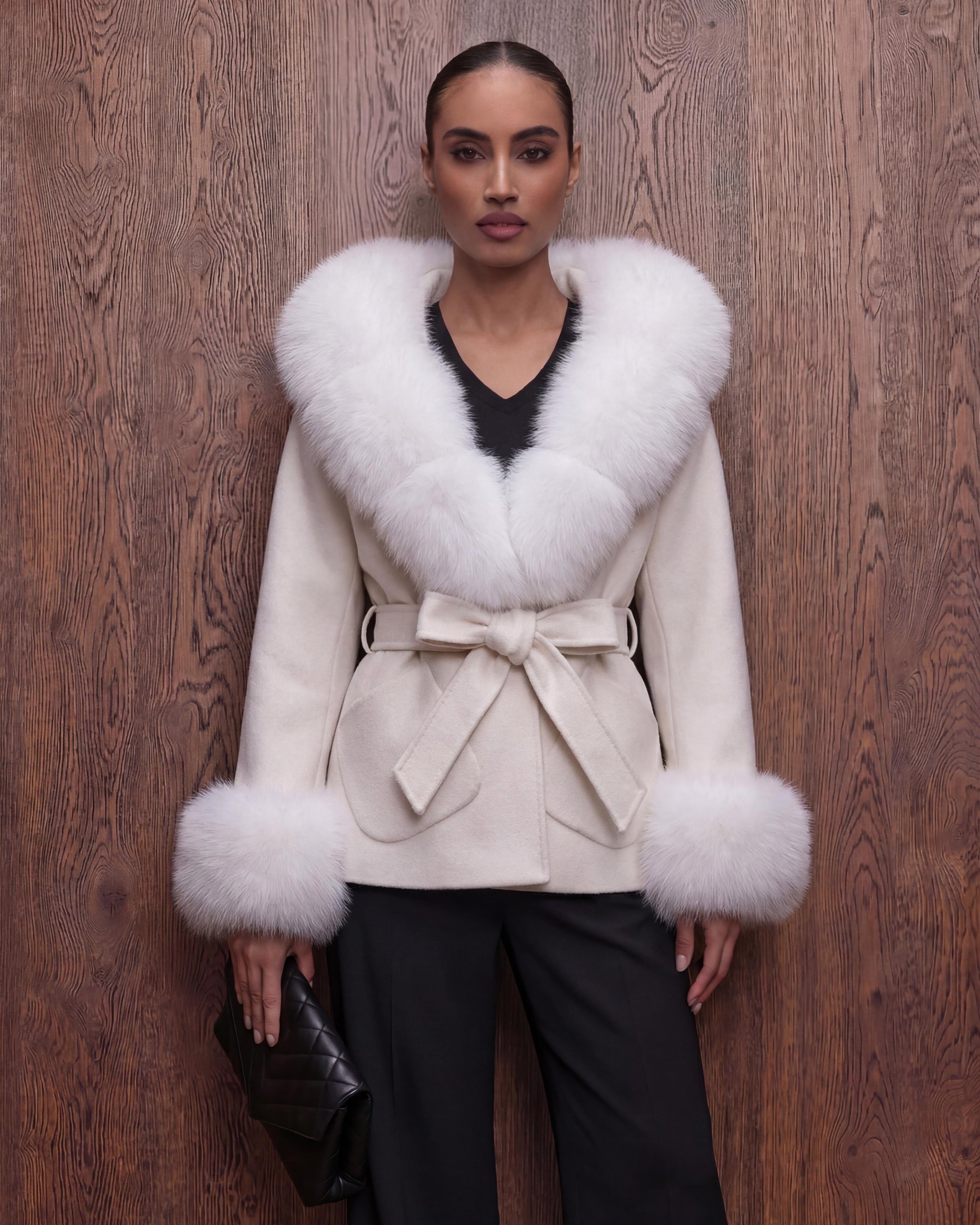 The Asmata - Cream cashmere coat with hood made from processed vintage fur