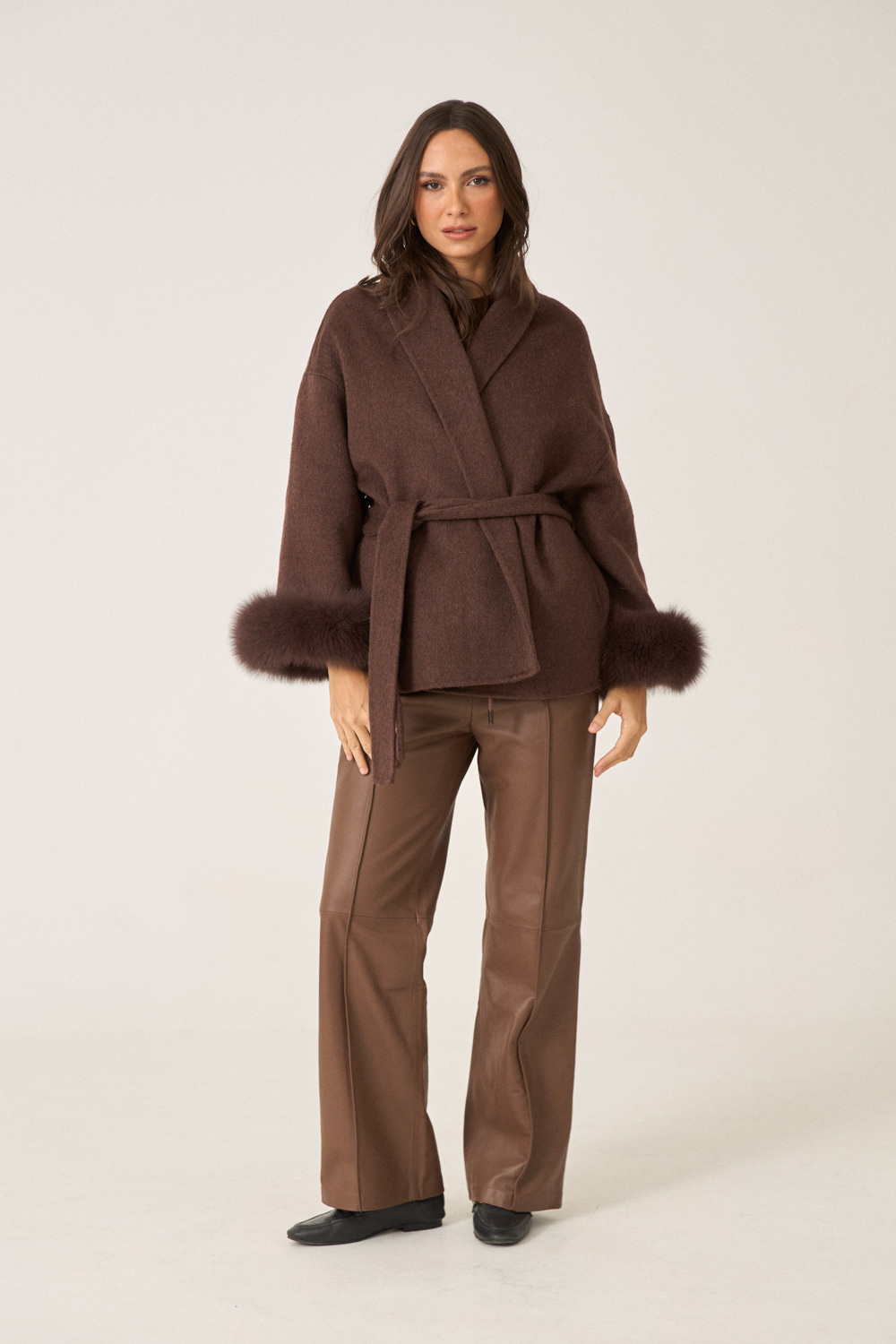 Kurzer Wollmantel mit Fellärmel - THE LUND ESPRESSO Espresso Brown