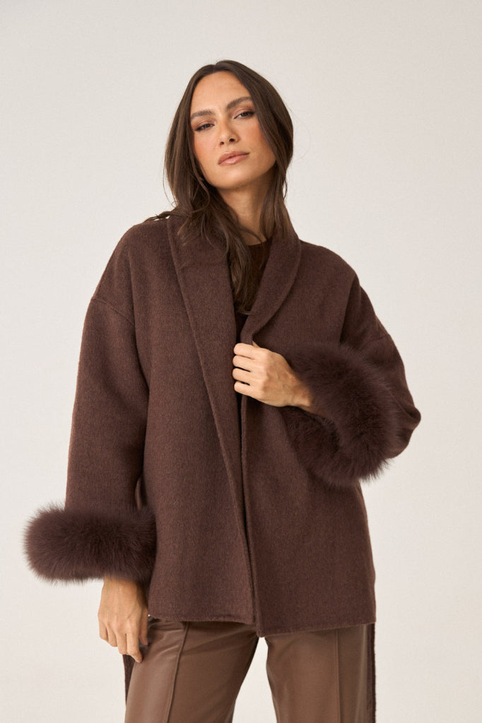 Kurzer Wollmantel mit Fellärmel - THE LUND ESPRESSO Espresso Brown