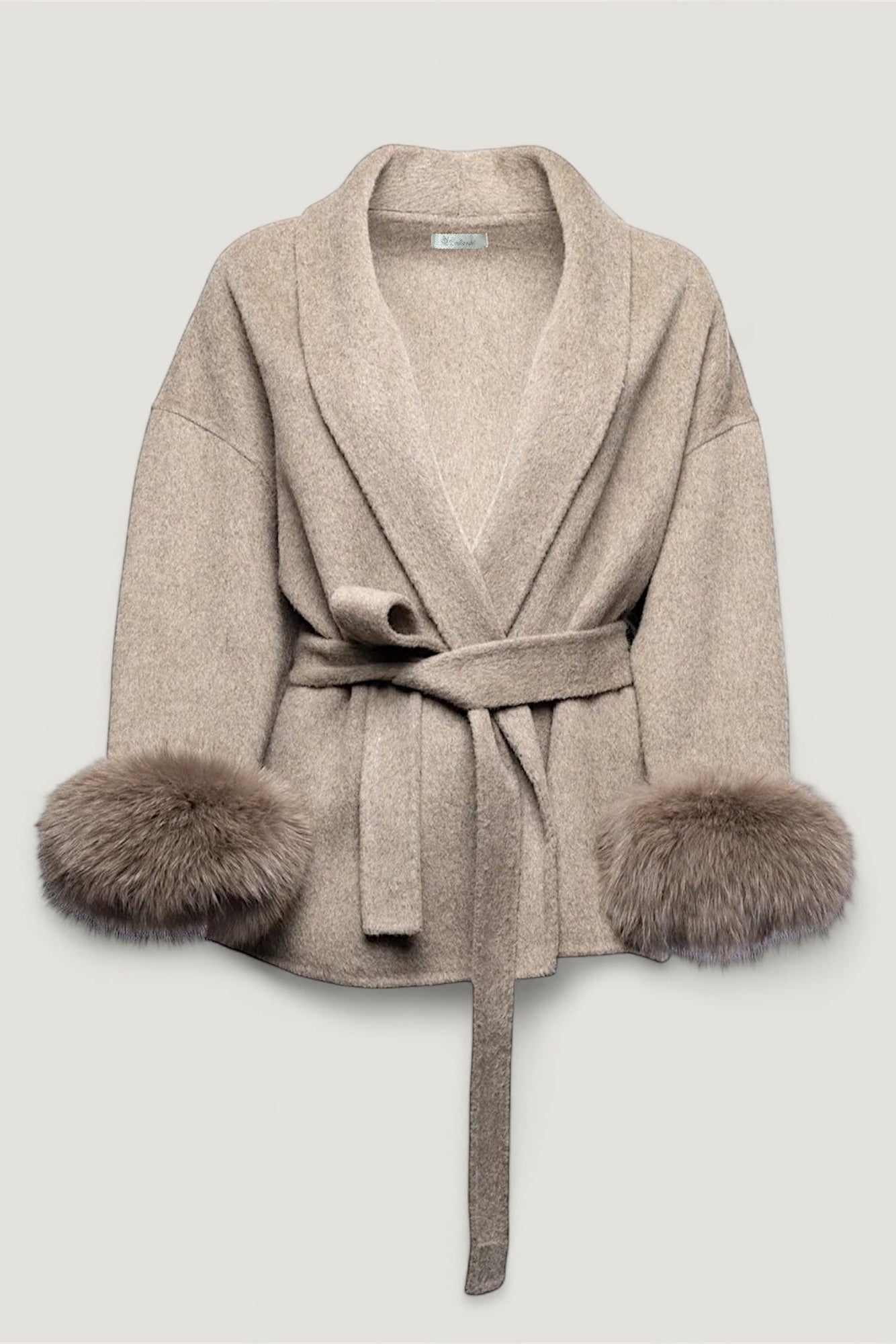 Kurzer Wollmantel mit Fellärmel - THE COPENHAGEN Taupe