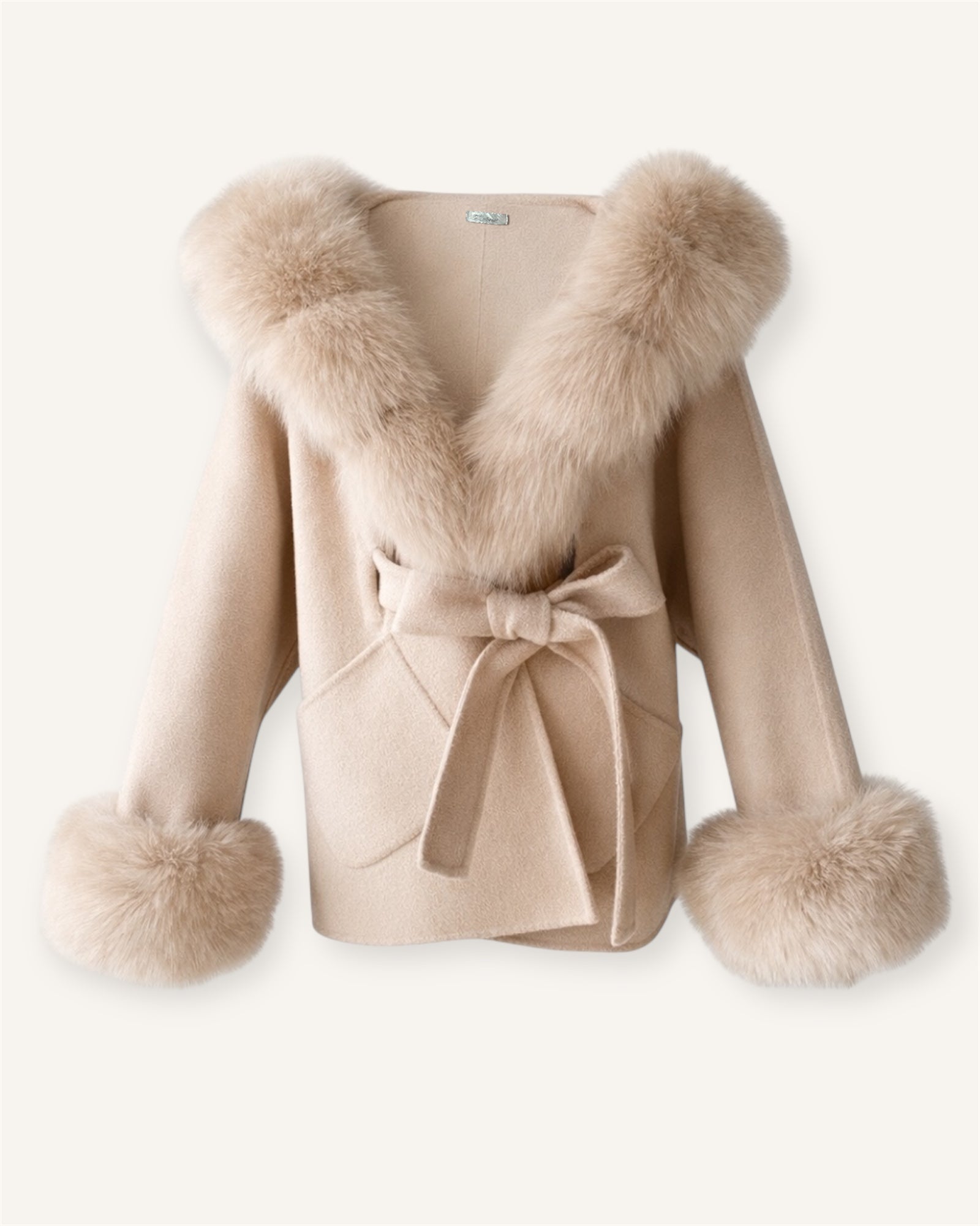 The Asmata - Kaschmirmantel mit Pelzkapuze Taupe