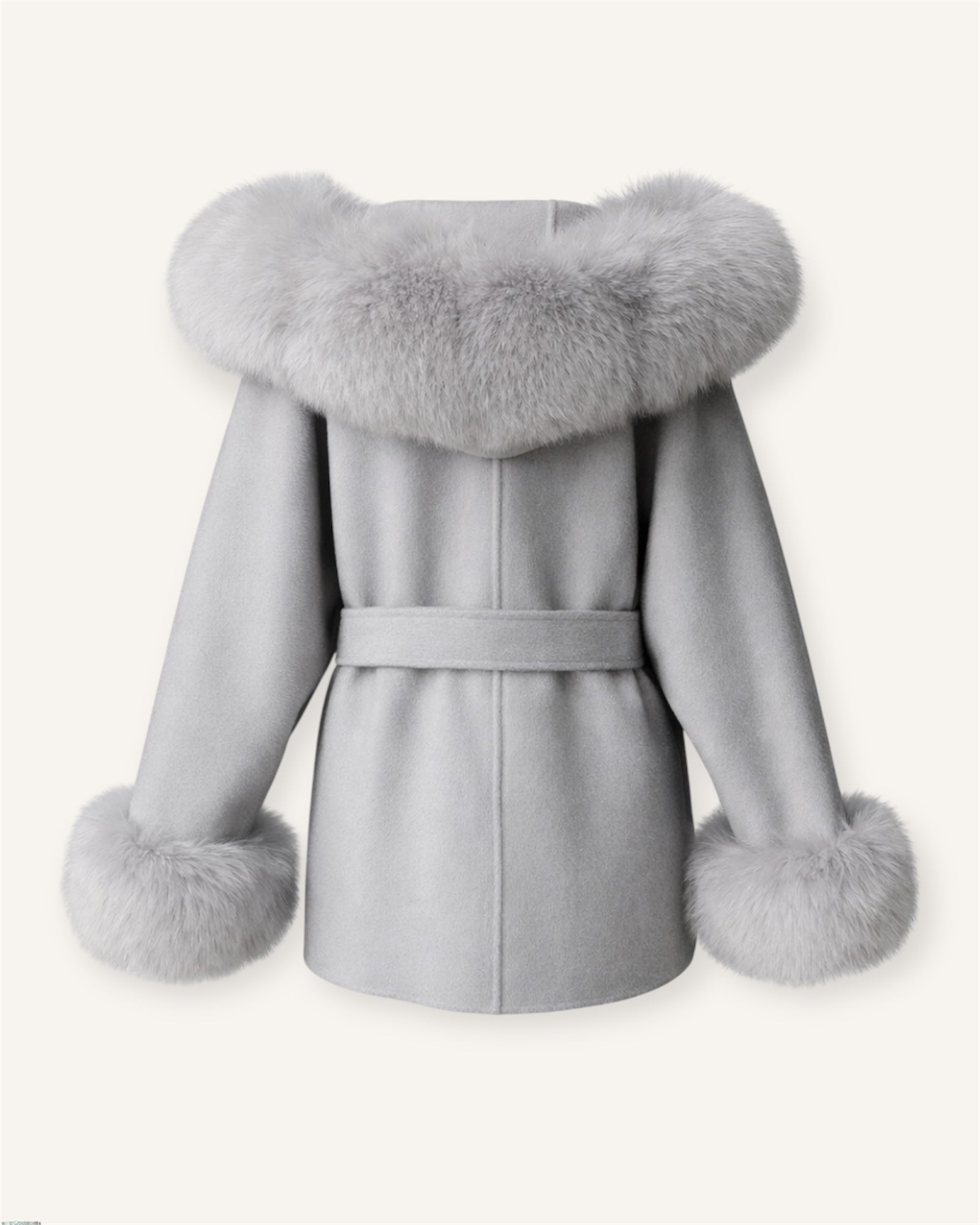 The Asmata - Perlgrau Kaschmirmantel mit Kapuze aus verarbeiteten Vintage Pelz