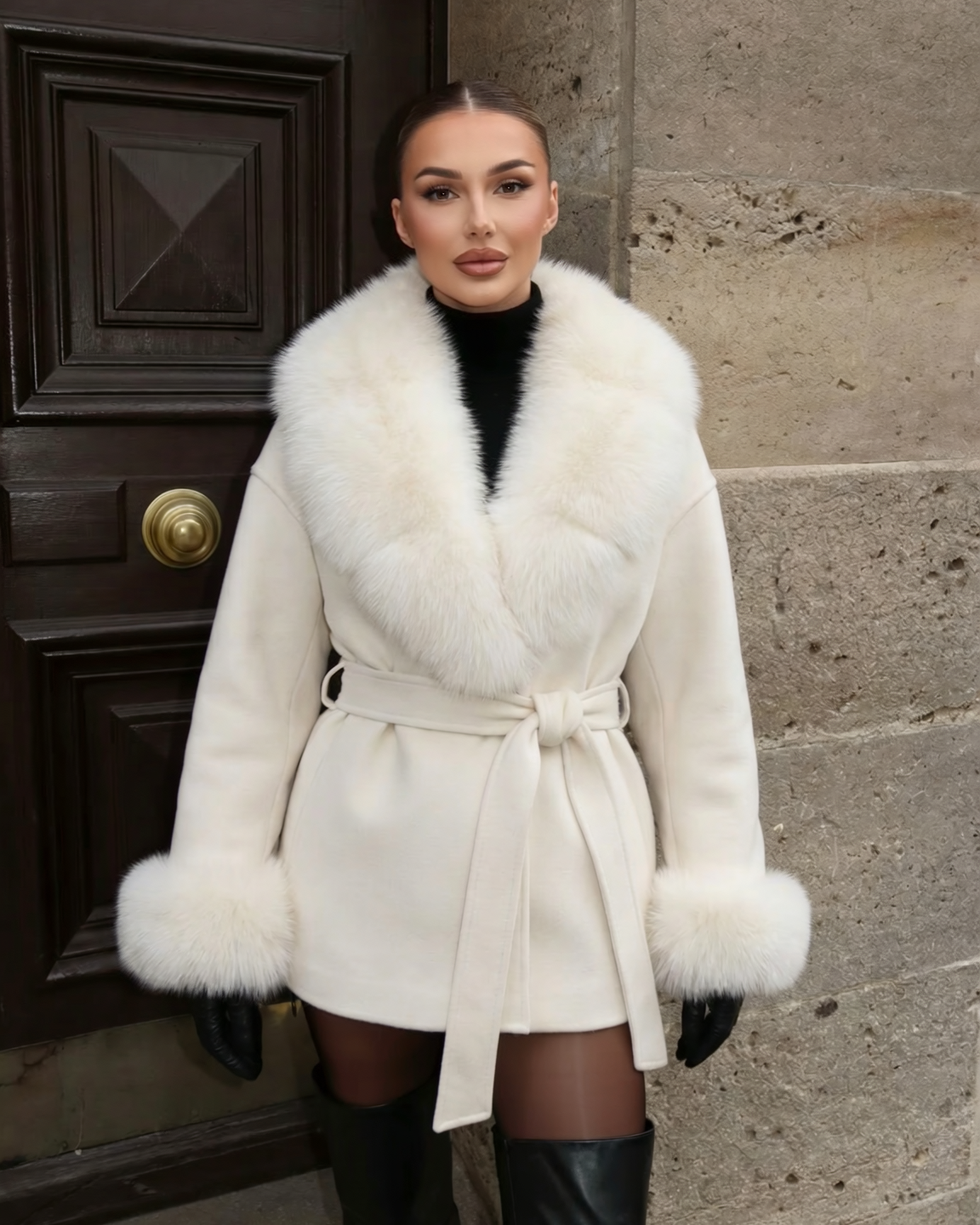 The ODESSA - Cream cashmere coat with vintage fur collar
