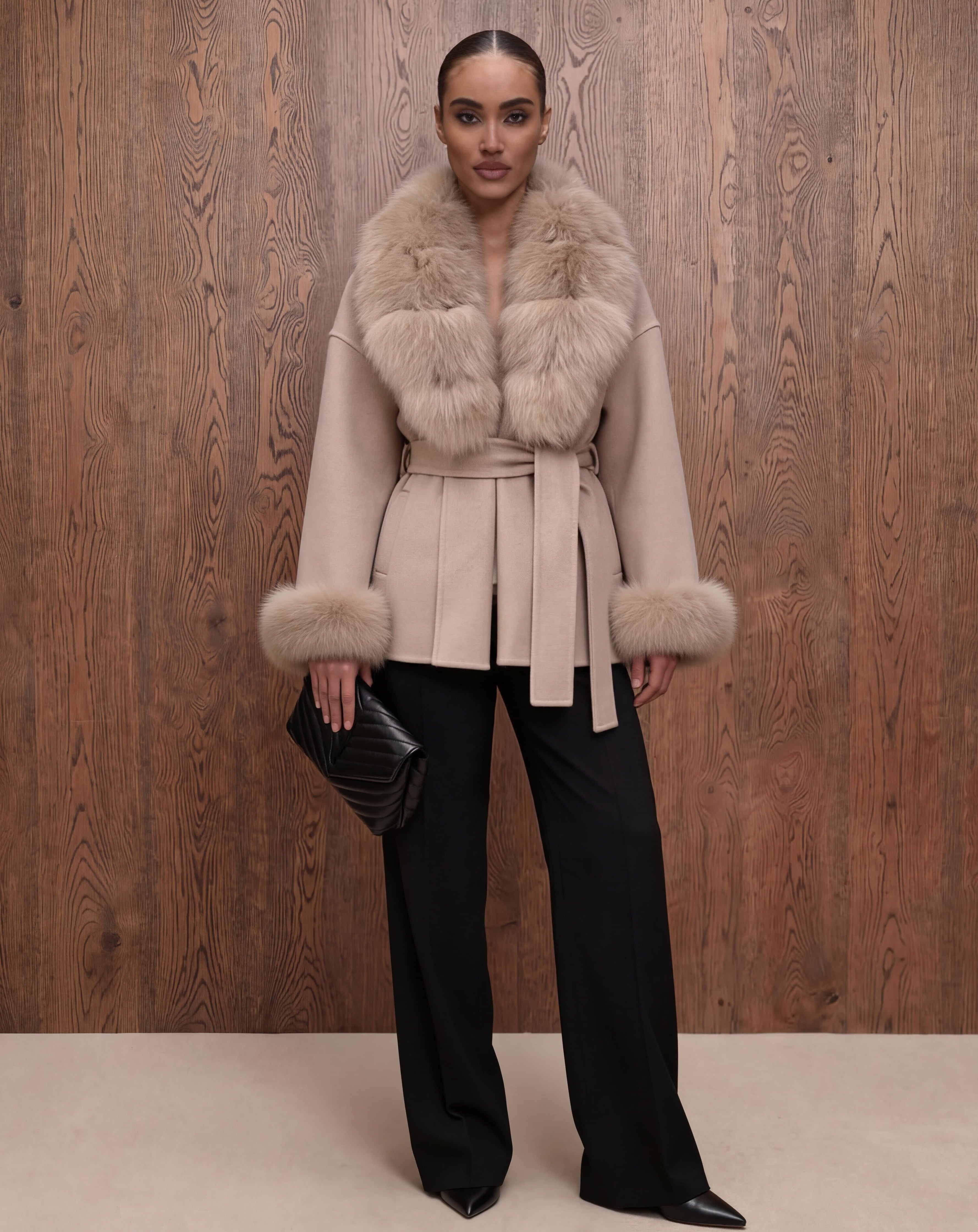 The ODESSA - Cashmere coat with fur collar, taupe