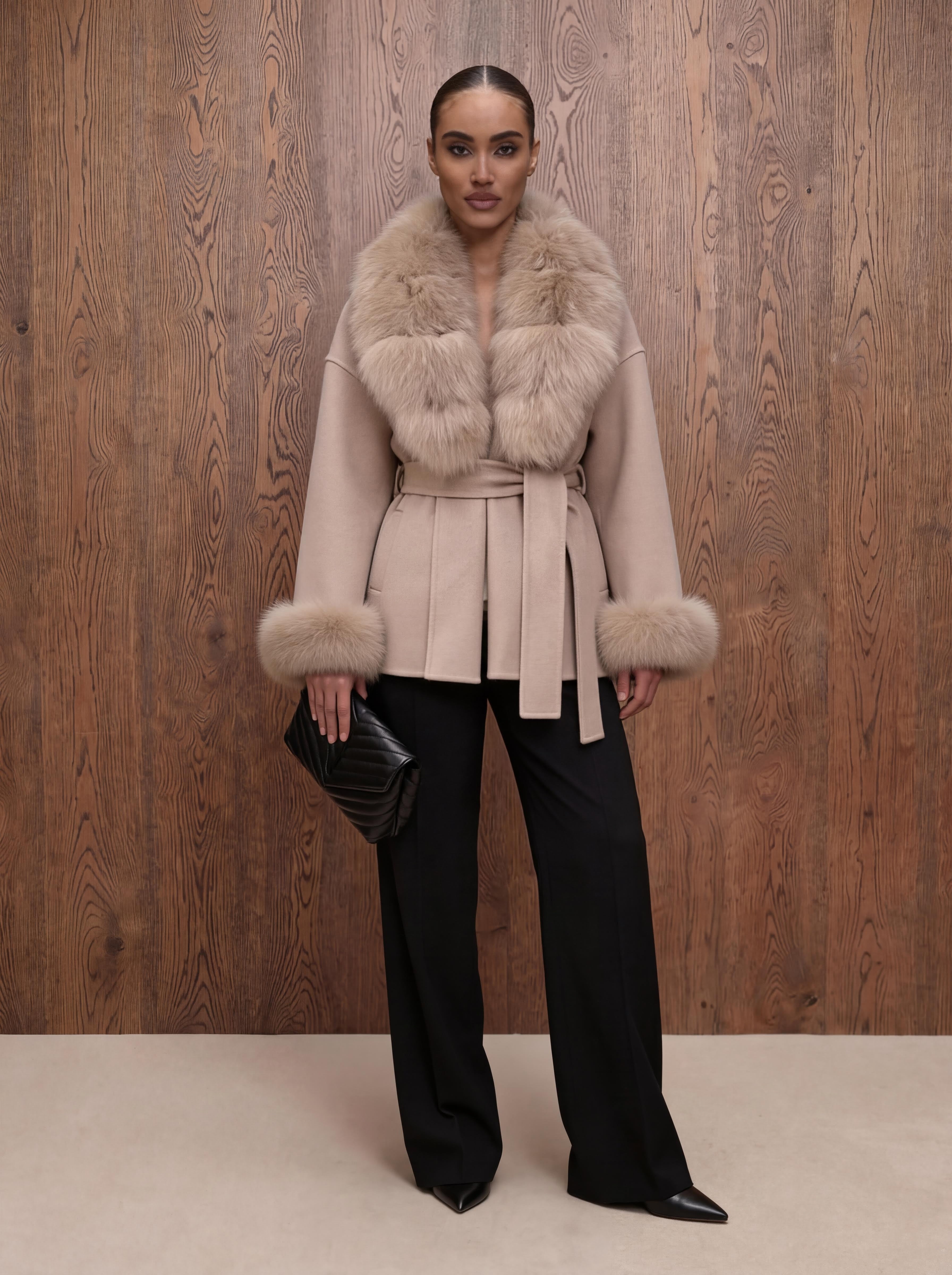 The ODESSA - Kaschmirmantel mit Pelzkragen Taupe