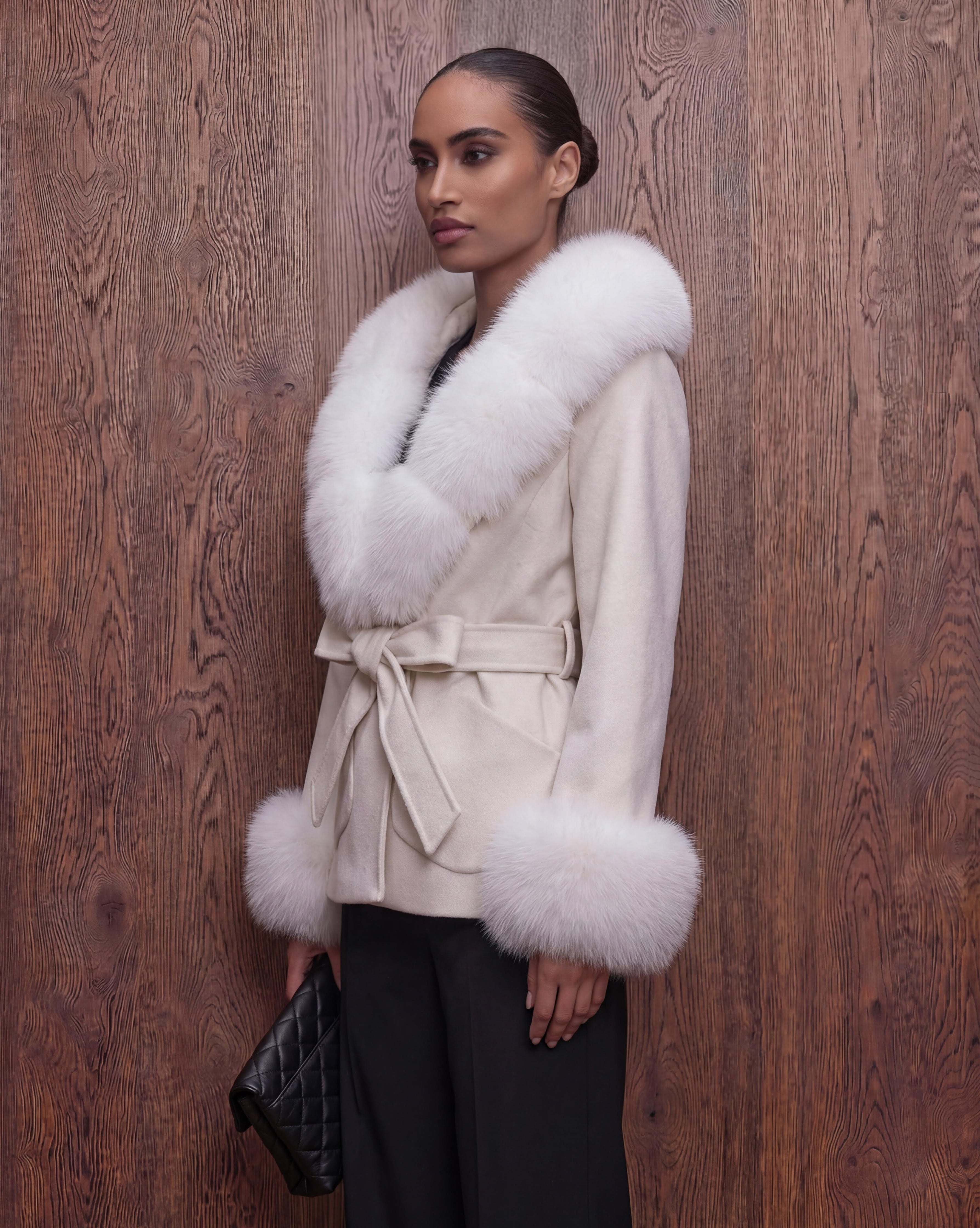 The Asmata - Cream cashmere coat with hood made from processed vintage fur