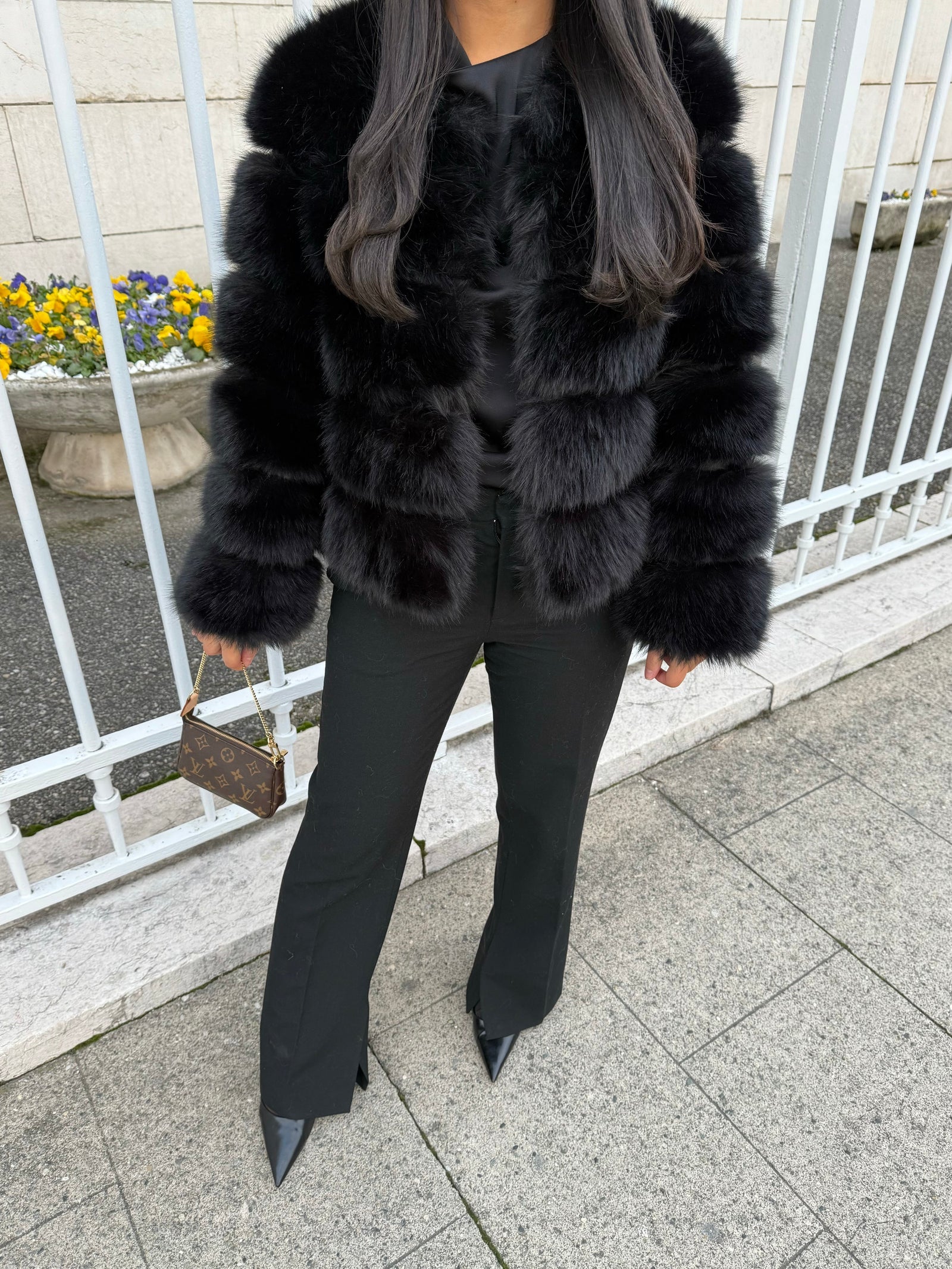 Pelzmantel Faux Fur Schwarz Lang