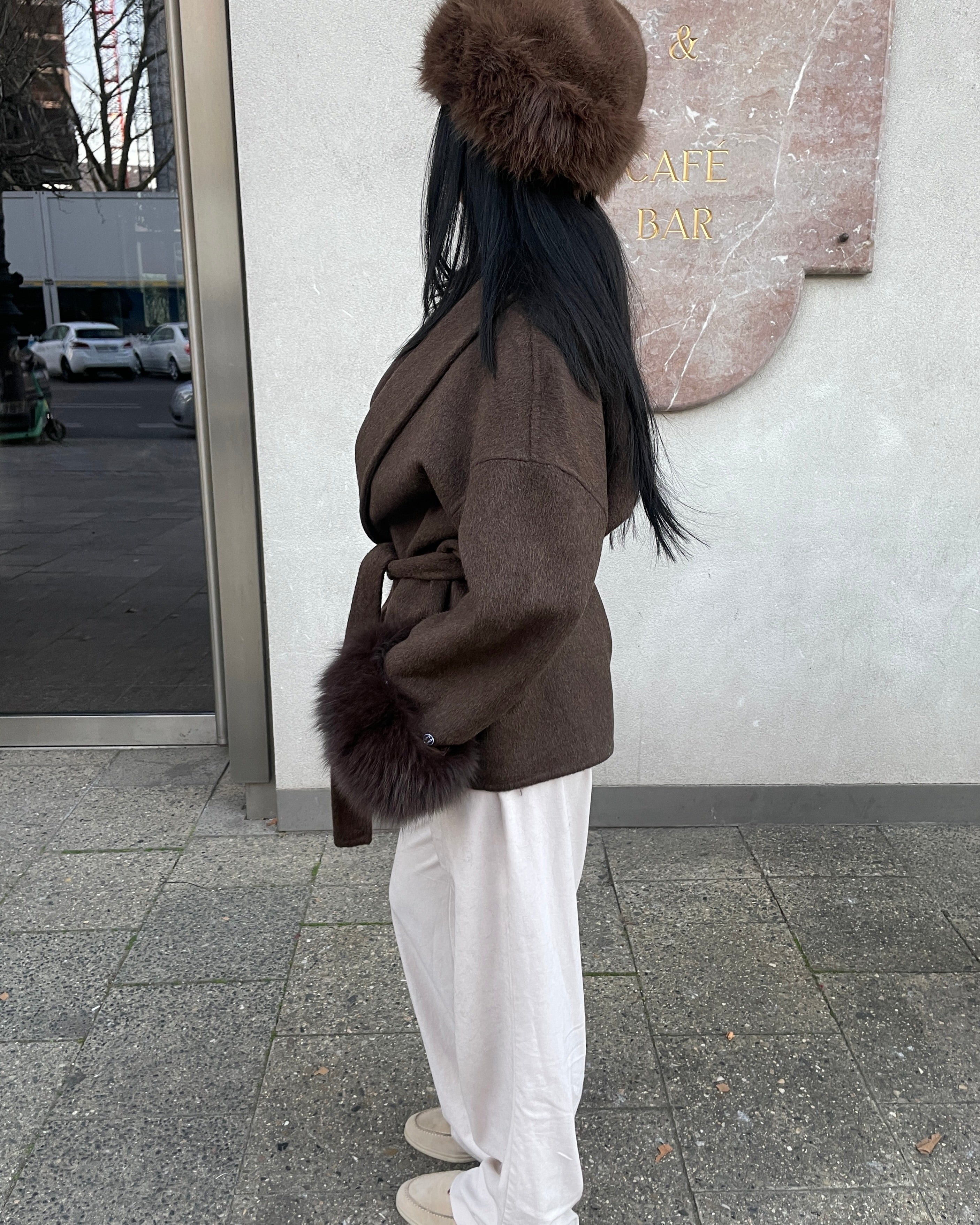 Wollmantel mit Fellbesatz