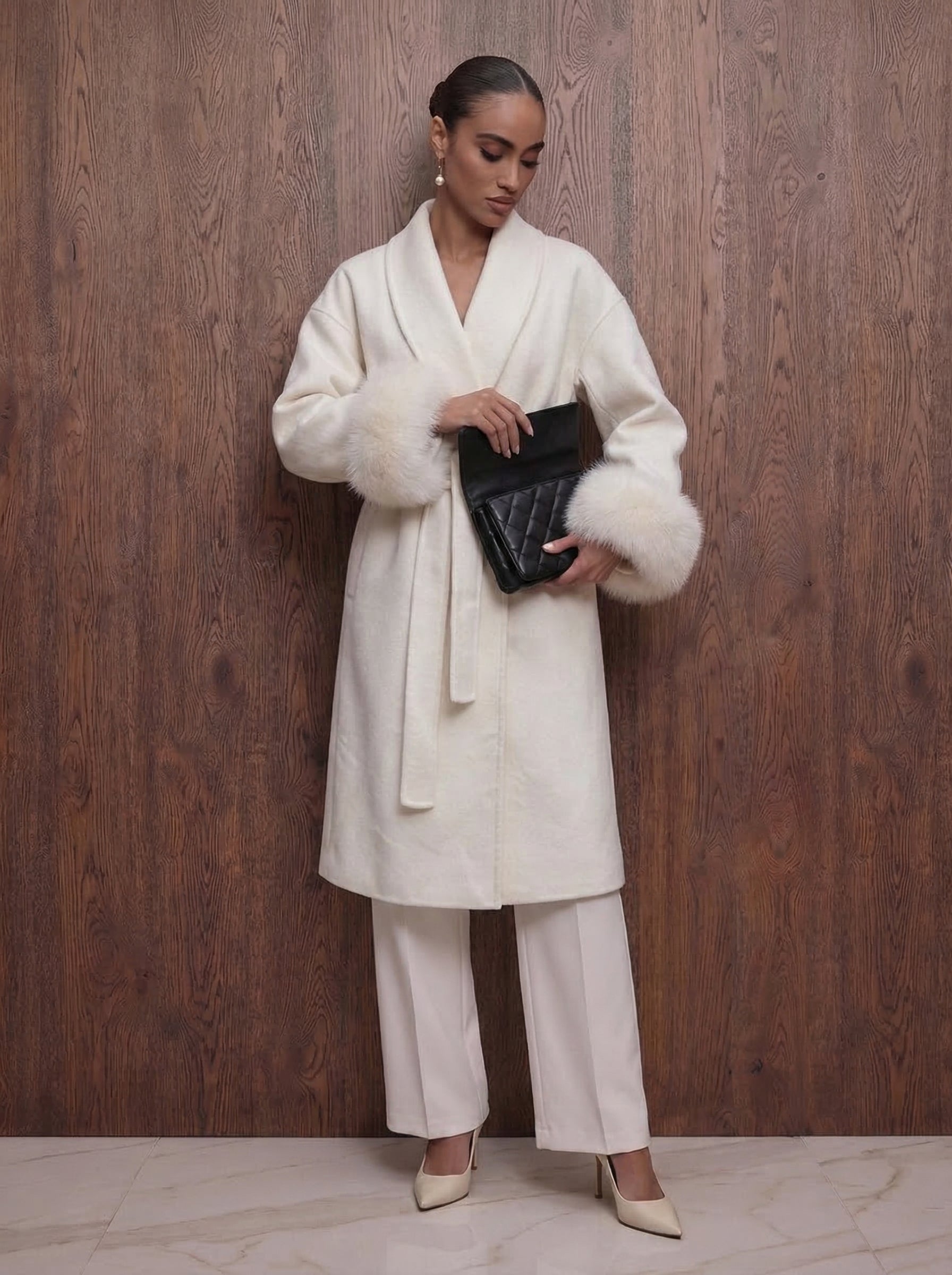 The London - Long wool coat with fur