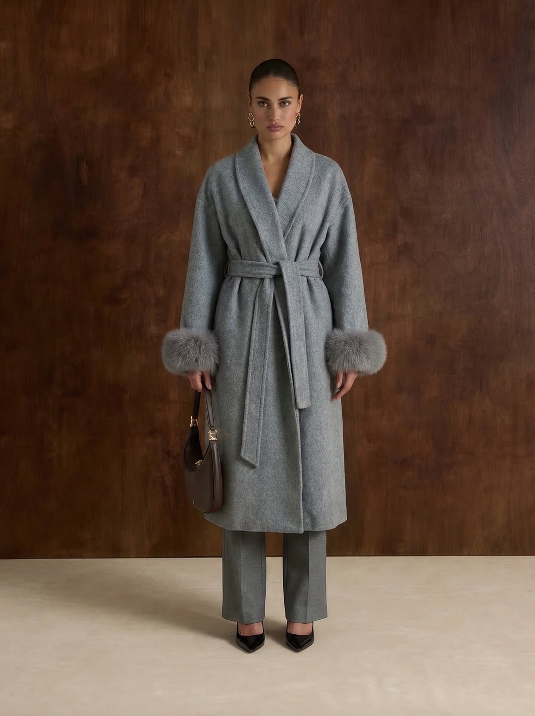 The London - Long wool coat with fur